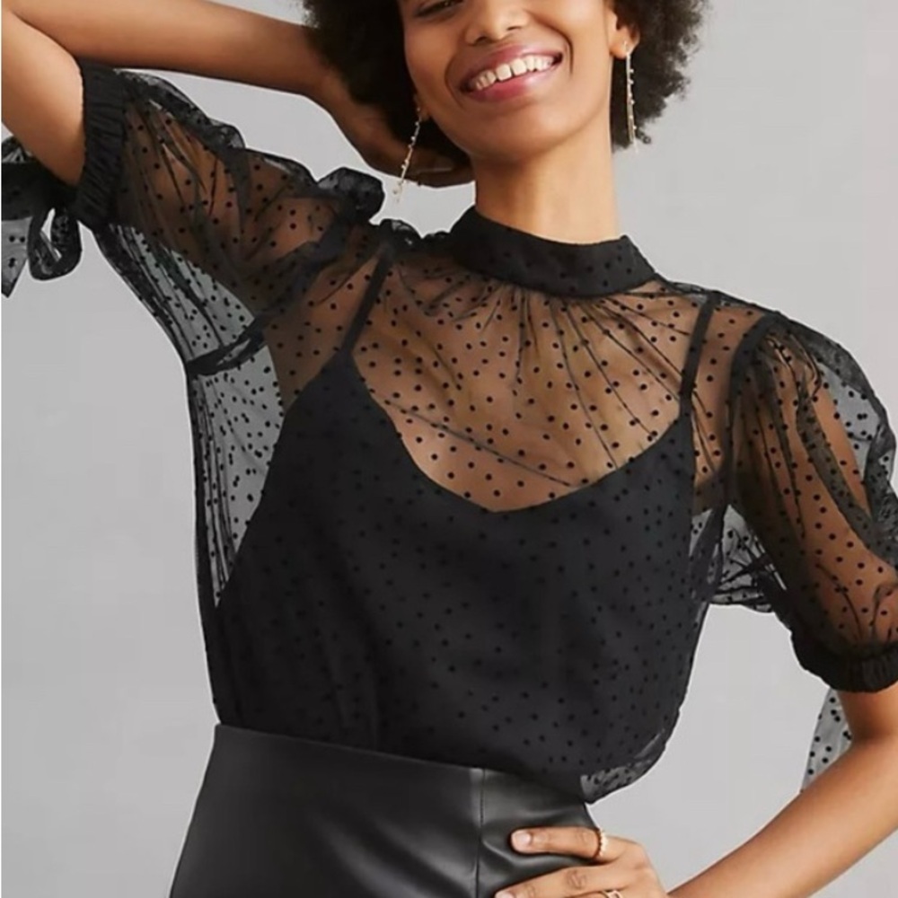 Anthropologie Elegant Black Sheer Polka Dot Top